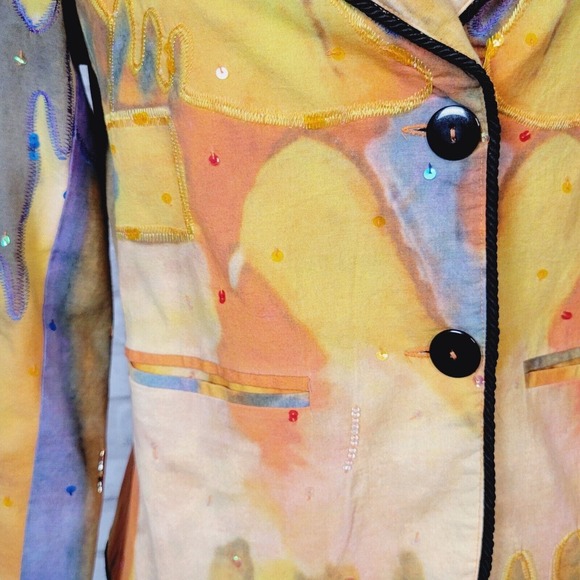 Anage Too wearable art jacket blazer‎ yellow blue hand painted cotton sz Small - Picture 5 of 9